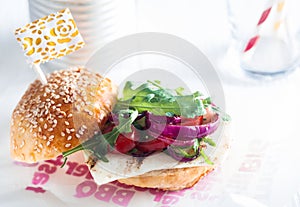 Macro Appetizing Veggy Burger on Table