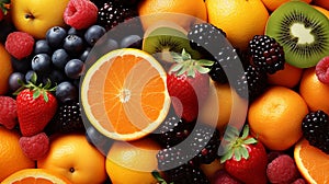 Macro background of colorful citrus and berries in a fresh fruit medley