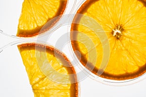 Macro of a backlit transparent orange slices showing the pulp detail