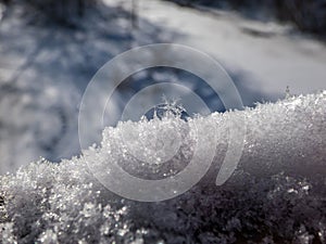 Macro of the beautiful, geometrical snowflake reflecting light in crystals on snow surface. Detailed shot of a snowflake