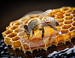 Macro of a Bee on a Honeycomb with Dripping Honey Brown photo