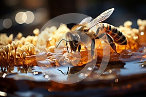 Macro bee photography with honey and honeycomb background, summer bee labor, daylight detail shot
