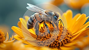 Macro Bee Pollination on Vibrant Yellow Flower by Generative A.I