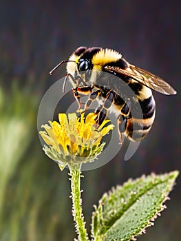 macro of bee sited on a yellow flower, destruction of bees on earth, repopulation needed urgently photo