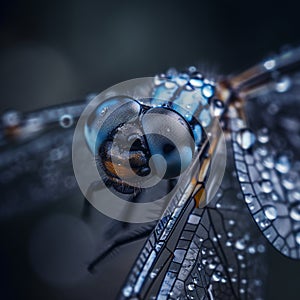 Macro of blue dragonfly with water drops, photorealistic style