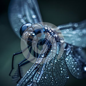 Macro of blue dragonfly with water drops, photorealistic style