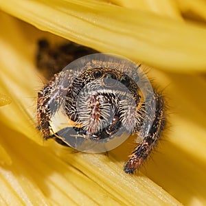 Macro of a Bold Jumping Spider (Phidippus audax) with small bee prey