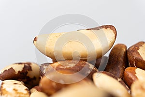 Macro brazil nuts on light grey background.