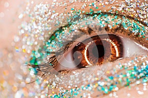 Macro brown female eye with glitter eyeshadow, colorful sparks, crystals. Beauty background, fashion glamour makeup