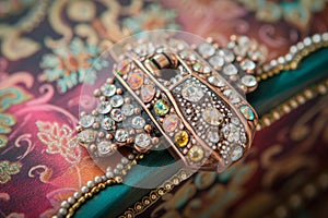 macro capture of a bejeweled clasp on an ornate gift box