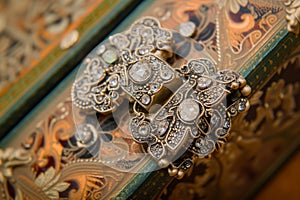 macro capture of a bejeweled clasp on an ornate gift box