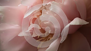 Macro capture of a blush pink peony, its ruffled petals unfurling to reveal a heart of golden stamens, with drops of