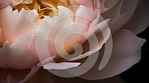 Macro capture of a blush pink peony, its ruffled petals unfurling to reveal a heart of golden stamens, with drops of