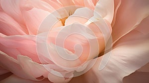 Macro capture of a blush pink peony, its ruffled petals unfurling to reveal a heart of golden stamens, with drops of