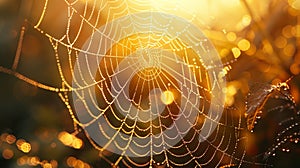 Macro capture of dew on spider web with sunlight refractions in high resolution photography style