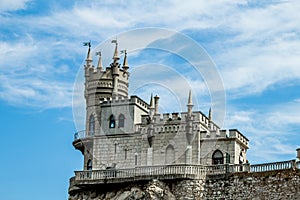 Macro of the castle Swallow`s Nest on a rock at the Black Sea, Crimea with unclouded sky background. Architecture and