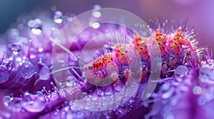 Macro caterpillar on purple flower with focus on legs and dewdrops in morning light