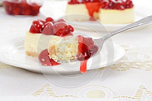 Macro cherry cheesecake on a fork