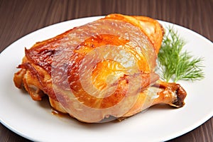 macro of chicken thigh fully cooked on a white plate