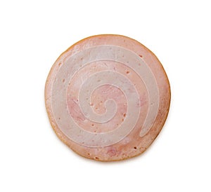 Macro close up circle smoked ham sliced isolated on white background,
