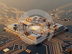 Macro Close-Up Of Computer Processor Chip Circuitry In Warm Light