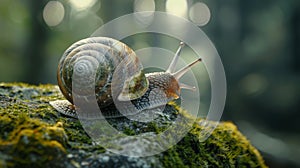 Macro close up detailed snail shell on mossy stone with realistic textures and soft lighting