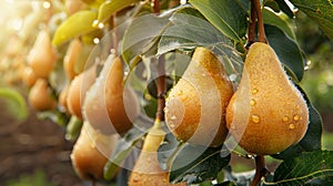 Macro close up of dewy pear hanging on tree, wide banner with ample copy space for text placement