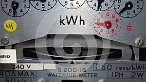 Macro close-up of a domestic kWh electric meter and dial.