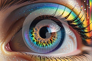 Macro Close-Up Eye with Eyelashes Resembling Glass Strands - Refracting Spectrum of Rainbow Hues