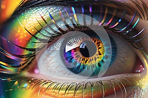 Macro Close-Up Eye with Eyelashes Resembling Glass Strands - Refracting Spectrum of Rainbow Hues