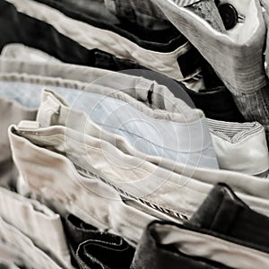 macro close-up of folded mens dress work pants fabric jeans khakis on a surface clothing fashion wardrobe background photo