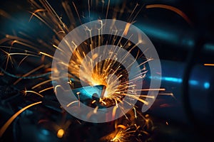 A macro close up of a gas arc welder with sparks of light flying in the air. Generative AI