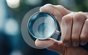 Macro close up of hand holding magnifying glass blurred background symbolizing focus detail examination precision investigative photo