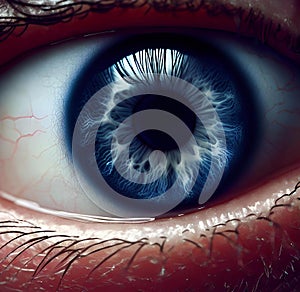 macro close up of human iris, eye color dark blue
