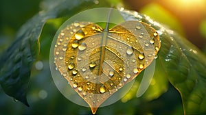 A macro close up illustration of a heart shaped green leaf with rain dew water drops.
