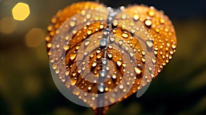 A macro close up illustration of a heart shaped orange leaf with rain dew water drops.