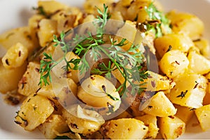 Macro Close-up of Indian vegetarian classic dish Jeera Aloo - Potatoes Flavored with Cumin  garnished with green coriander fresh