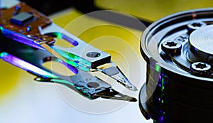 Macro Close up of inside of magnetic Hard Disc Drive