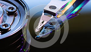 Macro Close up of inside of magnetic Hard Disc Drive