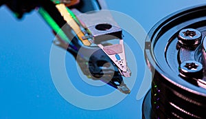 Macro Close up of inside of magnetic Hard Disc Drive