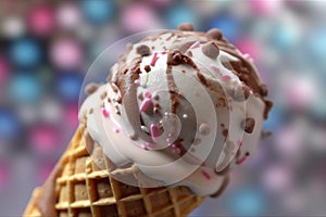 Macro close up of a java chip ice-cream cone, summer feeling background, AI Generative