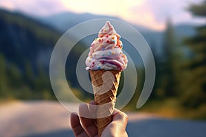 Macro close up of a java chip ice-cream cone, summer feeling background, AI Generative