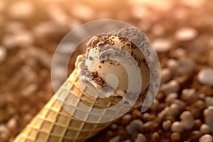 Macro close up of a java chip ice-cream cone, summer feeling background, AI Generative