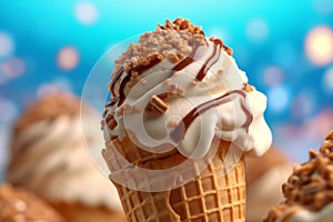 Macro close up of a java chip ice-cream cone, summer feeling background, AI Generative