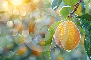 Macro close up of juicy peach with dew drops on tree, ideal wide banner for text