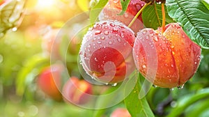 Macro close up of juicy peach with water drops on tree, ideal for wide banner with copy space