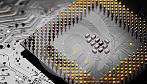 Close up of microchips and pins on Main CPU PC processor circuit