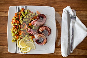 Macro Close up of Octopus appetizer with vegetables