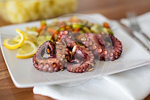 Macro Close up of Octopus appetizer with vegetables