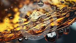 macro close-up on oil falling into water splashing background, golden tones, drop liquid abstract bubble texture closeup splash
